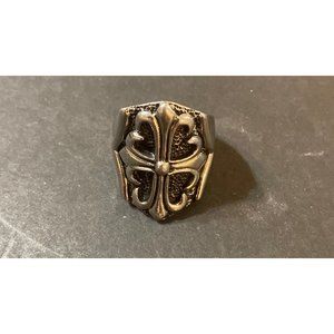 Vtg Stainless Steel Gothic Black & Sliver Medieval Cross Bikers Ring